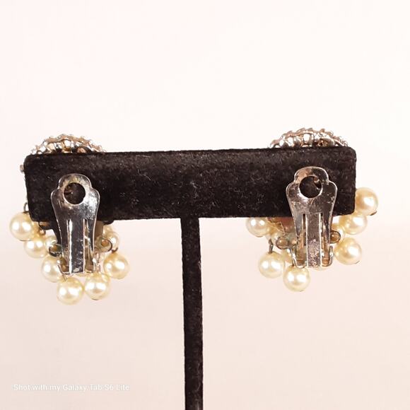 Clear Rhinestone Crowns Over Cascading Pearly Bead Clip Ons - Picture 3 of 8
